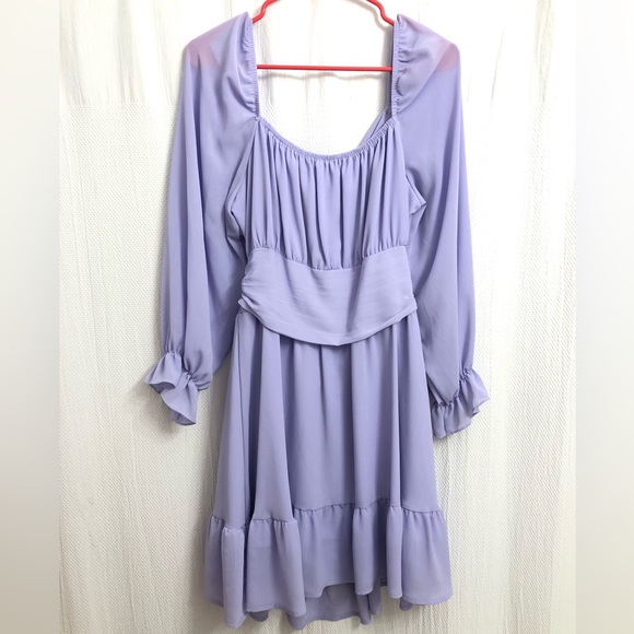 Exlura Tie Back Long Lantern Sleeves Square Neck Ruffle Elastic Waist Mini Dress - Picture 5 of 6